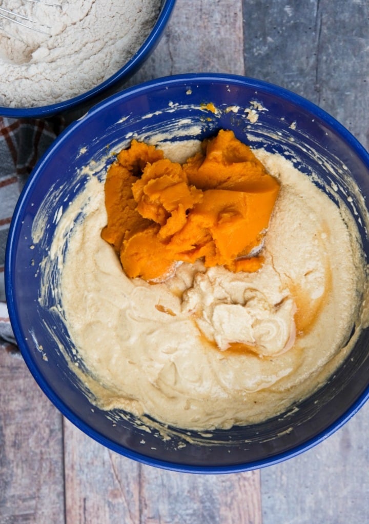 Wet ingredients for pumpkin pound cake before adding flour mix. 