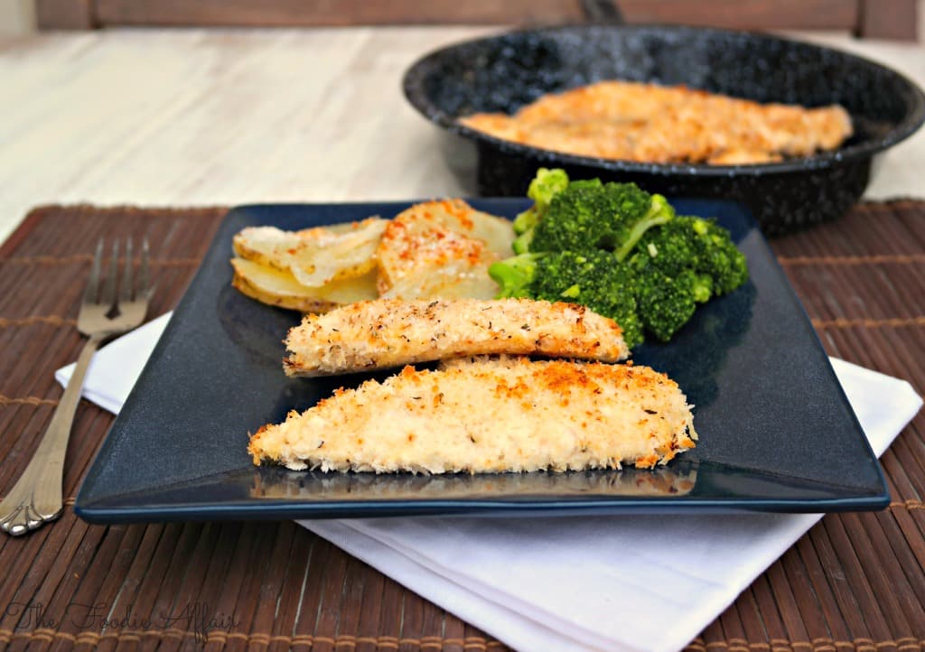 Crunchy baked chicken tenders stacked up on each other