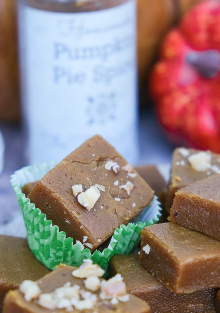 Close view of a sliced square of pumpkin fudge topped with nuts. 