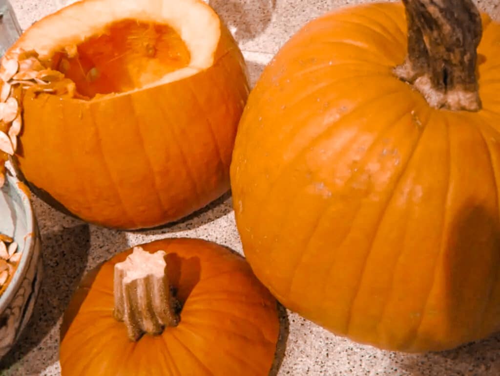 Fresh pumpkins with the tops cut and the center cleaned. 