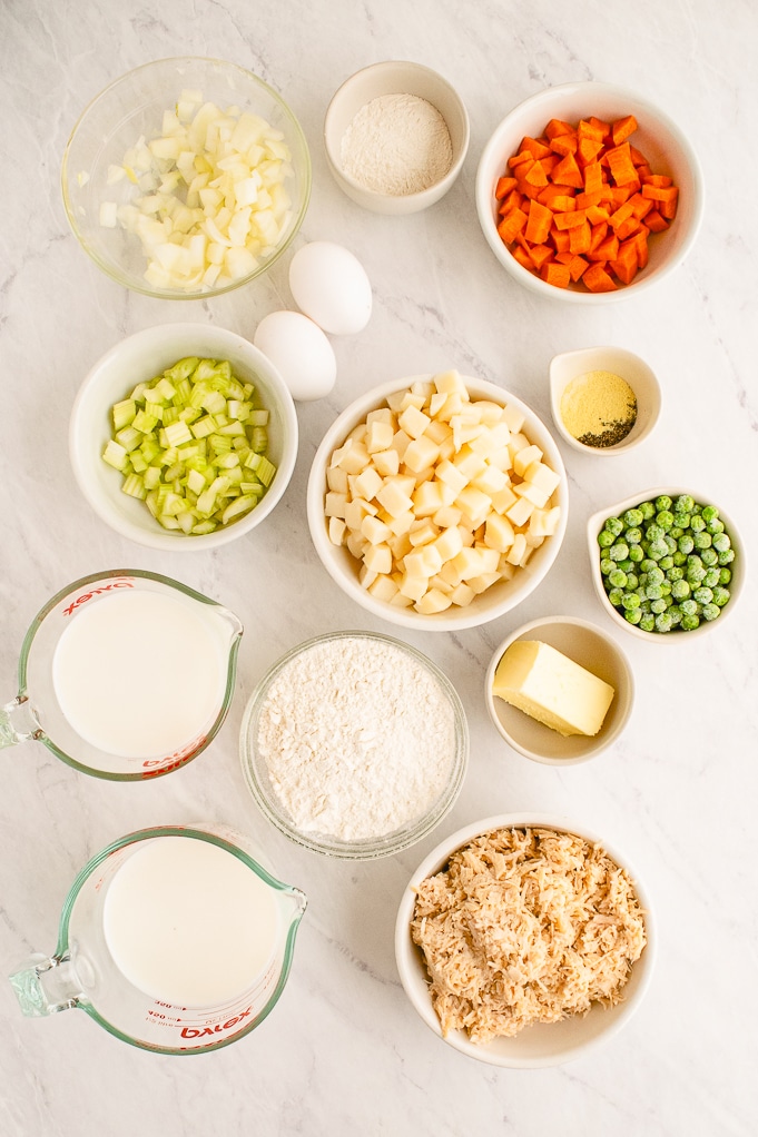 Ingredients to make chicken pot pie. 