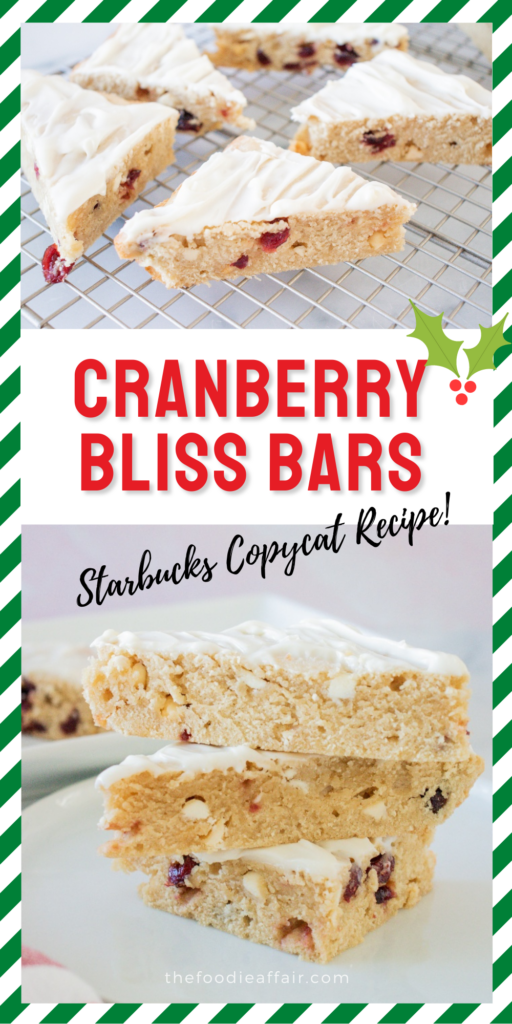 Copycat Starbucks Cranberry Bliss Bar! Enjoy this seasonal treat all year long and save a few bucks. You'll love the nice warm flavor of ginger paired with tart cranberries with white chocolate. All topped with a sweet cream cheese frosting! 