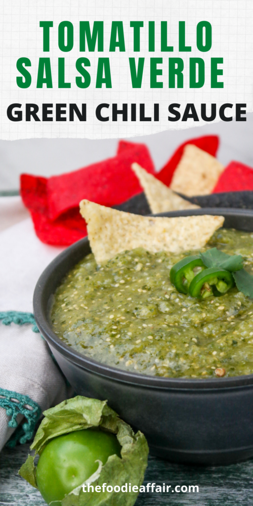 Homemade salsa verde made with tomatillos is a simple recipe that can be enjoyed as a dip, or sauce on Latin dishes. #sauce #salsa #chili #green #tomatillo