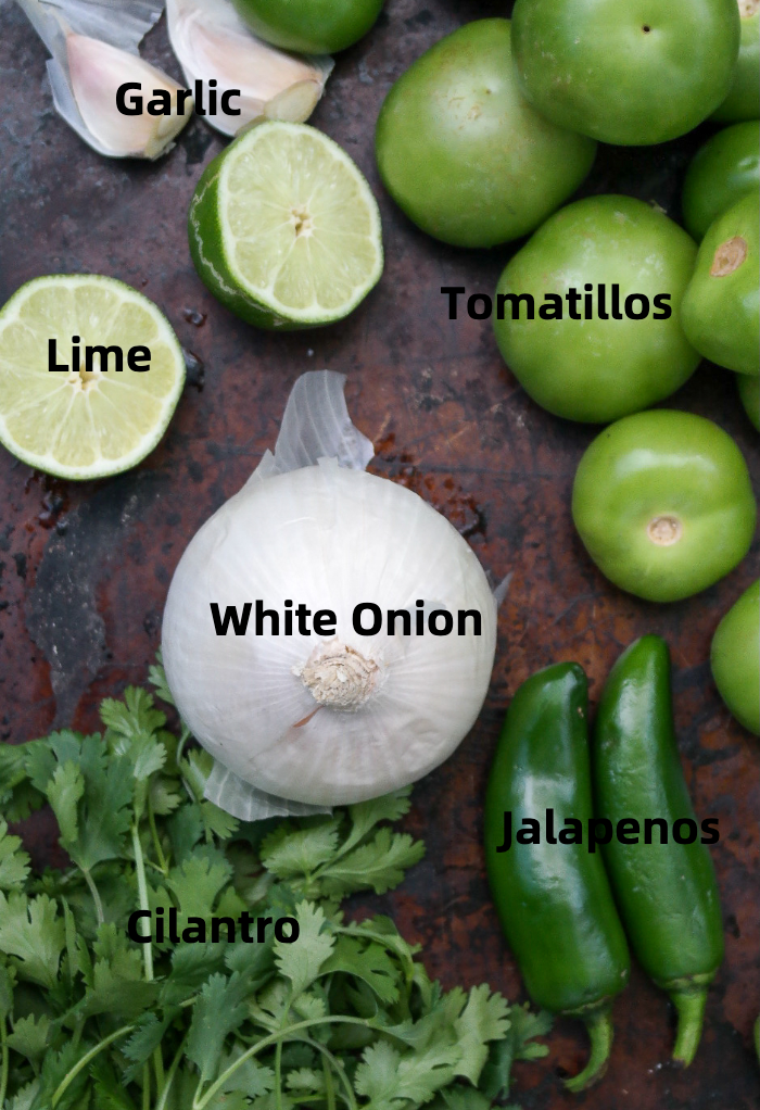 Ingredients to make tomatillo salsa verde. 