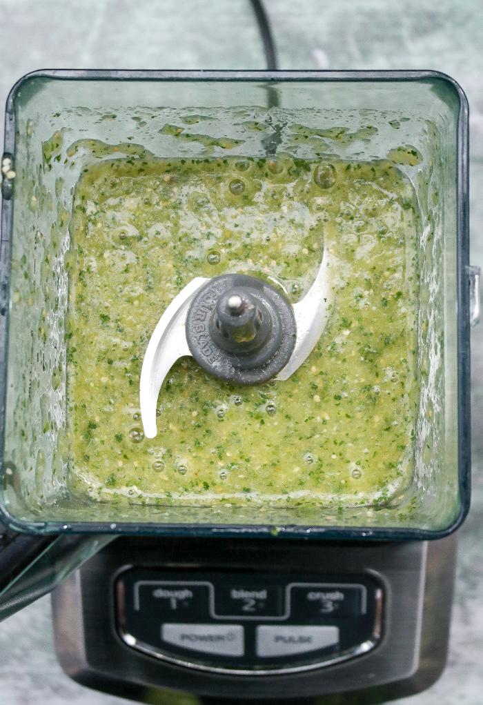 Blended tomatillo salsa verde.