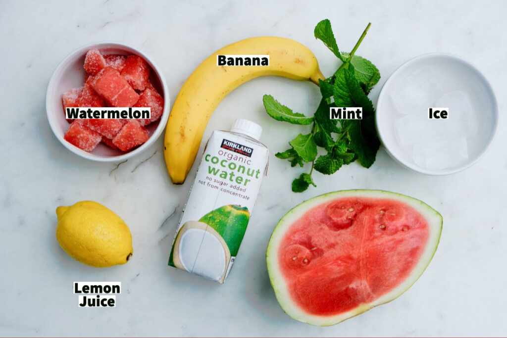 Ingredients needed to make watermelon cooler beverage. 