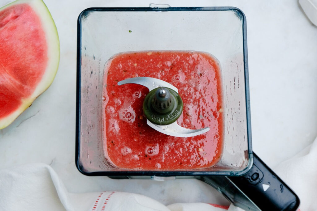 Watermelon cooler ingredients blended. 