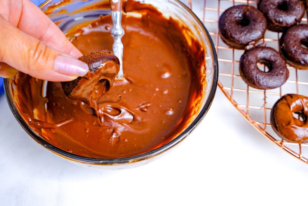 Mini donuts dipped into chocolate glaze. 