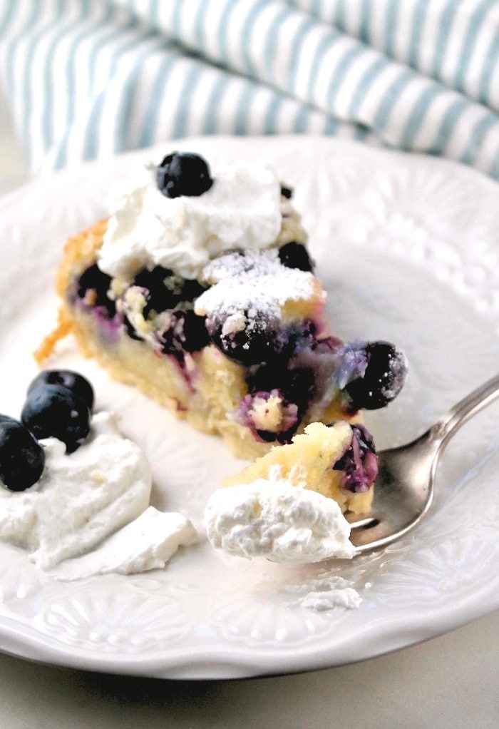 Slice of homemade blueberry coffee cake lightened up