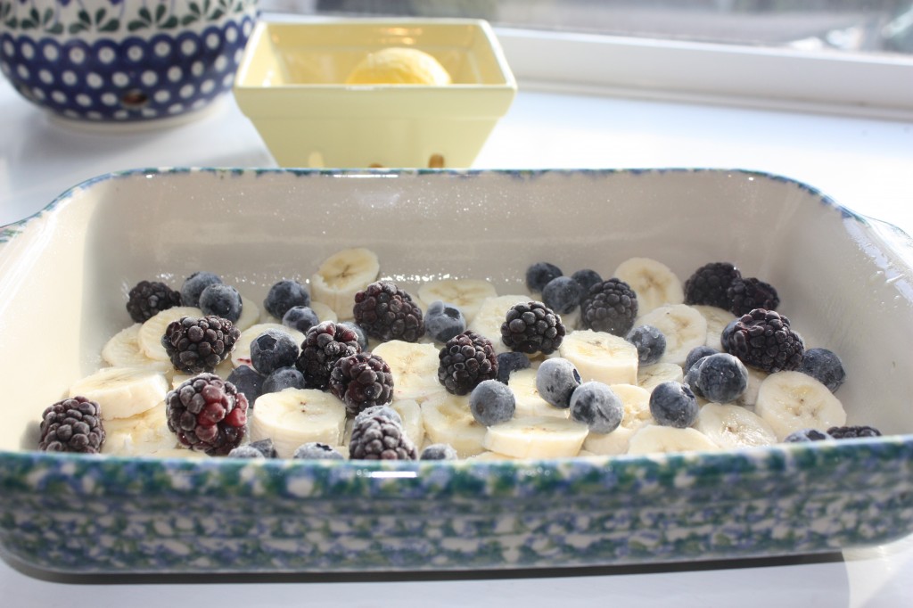 Fruit in casserole dish for baked oatmeal gluten free