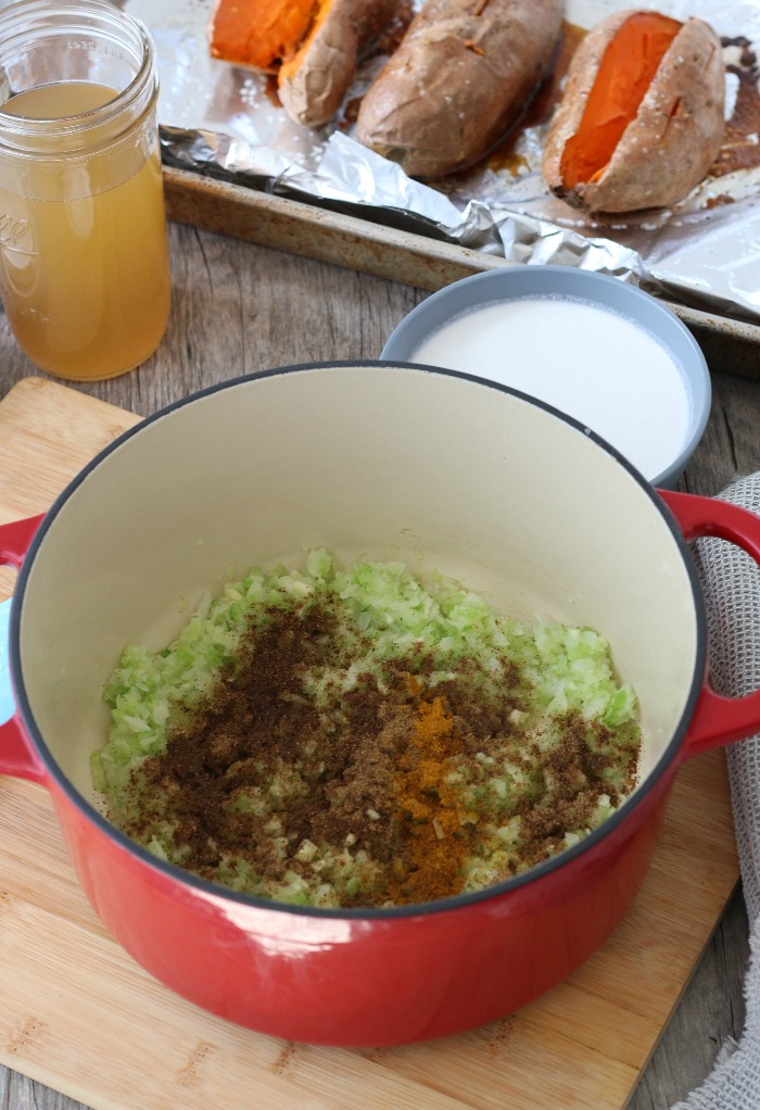 Seasonings being added to the base mixture for my sweet potato soup recipe. 