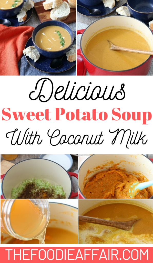 Step by step instructions sweet potato soup recipe! Make this simple recipe and enjoy as a main meal or serve as a side with a sandwich or salad.  #soup #sweetpotato #Fall #comfortfood #coconutmilk