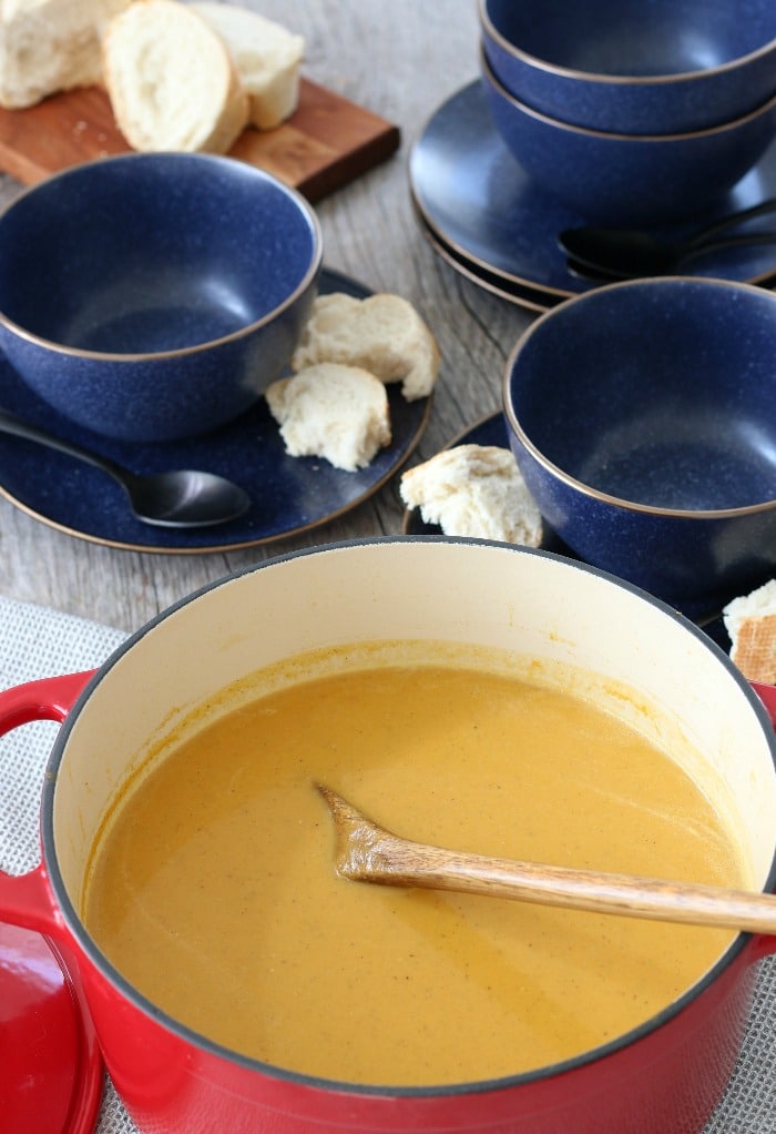 Final sweet potato soup in a pot ready to be dished out and enjoyed. 