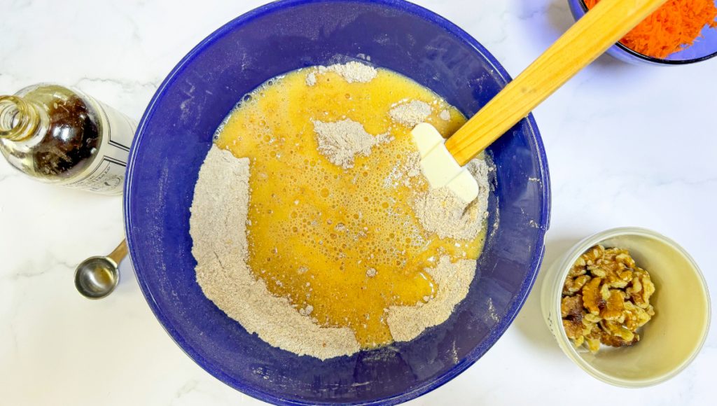 Wet ingredients added to dry ingredients to make the muffin batter. 