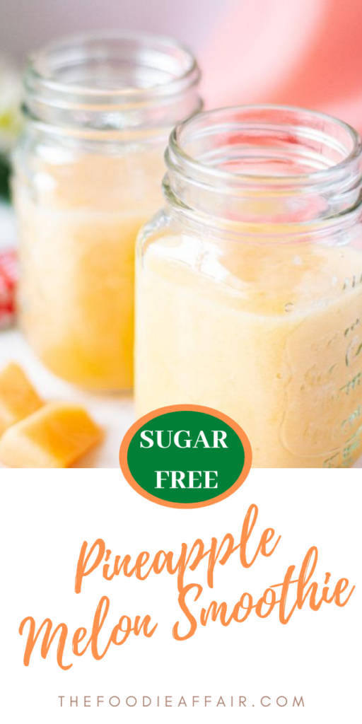 Fresh fruit smoothie made with pineapple, cantaloupe and protein power. Use frozen fruit to thicken or add ice for a frosty texture. #smoothie #fruit #pineapple