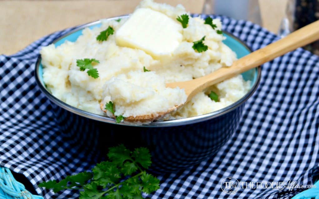 Mock Mashed Potatoes in a black bowl 