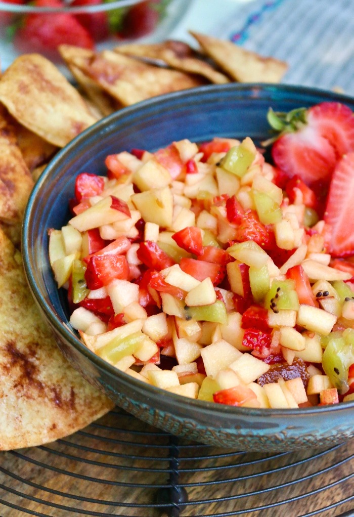 Prepared fruit dip in a blue bowl.