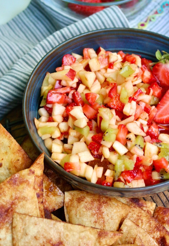 Cinnamon tortilla chips with a dessert dip.