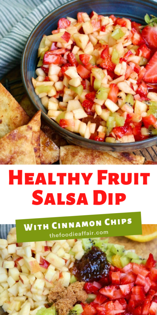 Easy fruit salsa recipe! This tasty appetizer is simple to make and always the first to go when served at a gathering. Lighten up the sugar content by making low carb tortilla cinnamon chips. #healthyrecipe #lowcarb