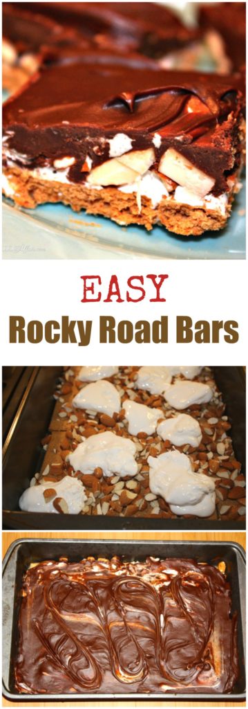 Rocky Road Bars made with a graham cracker crust, and then layered with fudgy chocolate, marshmallow creme and almonds! These treats seem to vanish before your eyes!