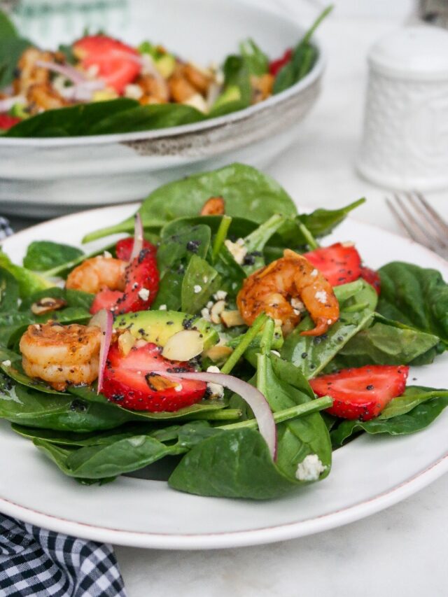 SPINACH STRAWBERRY SALAD WITH SHRIMP Story • The Foodie Affair