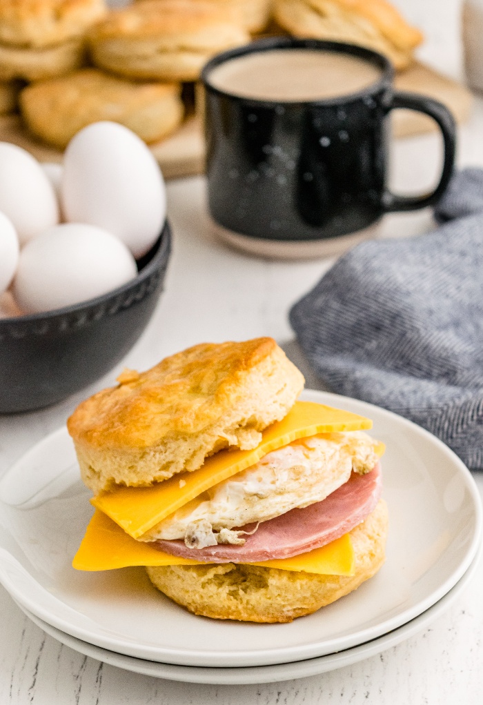 Biscuit sandwich on a white plate filled with egg, ham and cheese. 