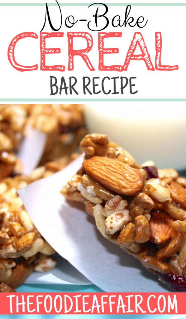Make your own delicious cereal bars with your favorite whole grain cereal for a quick snack. These are delicious after school, pre or post workout and to curb your appetite until the next meal! #snack #bar #dessert #cereal #nobake 