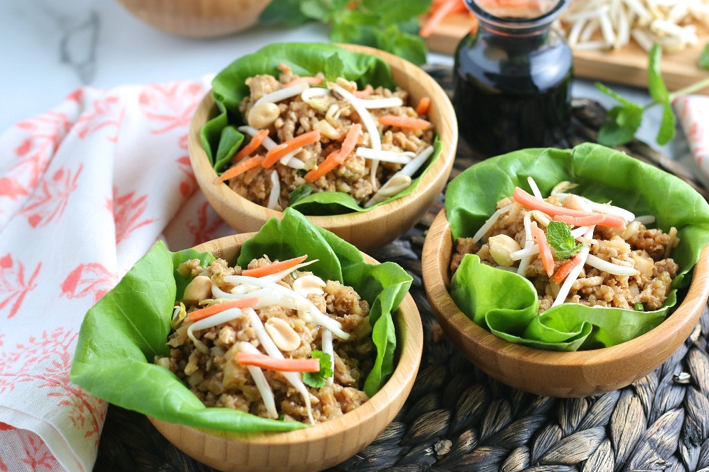 Another horizontal view of the completed recipe for how to make lettuce wraps. 