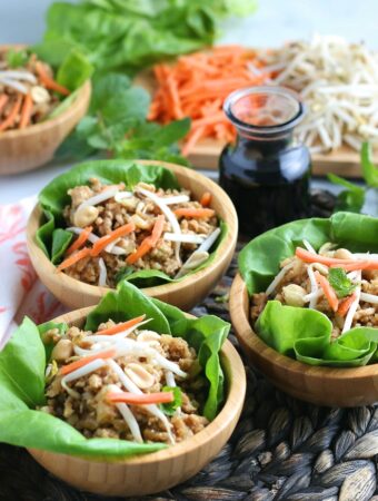 A view of the finished batch of ground turkey lettuce wraps.