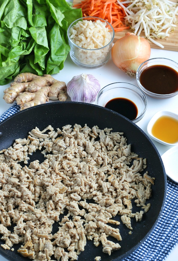 Here we have all the ingredients laid out for our asian lettuce wraps before we begin cooking. 