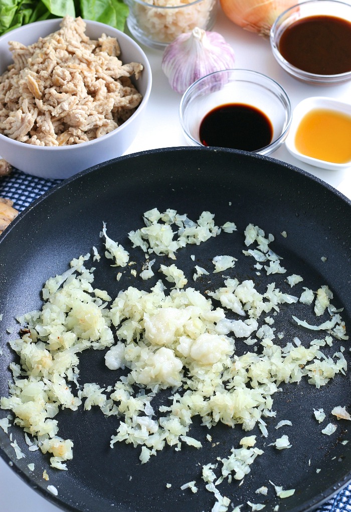 Here we see the next step in the process for making ground turkey lettuce wraps. 