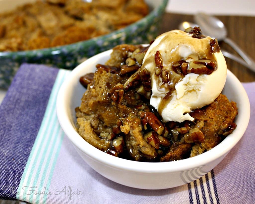 Bourbon Molasses Bread Pudding with Boozy Pecan Sauce