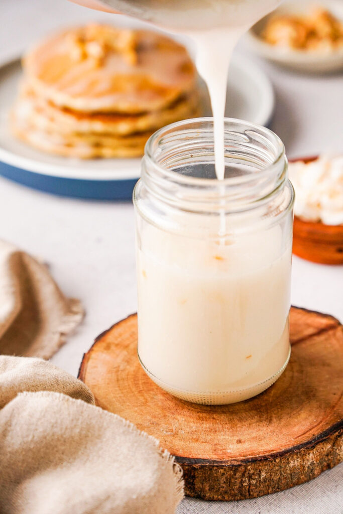 Homemade coconut syrup for macadamia nut pancakes. 