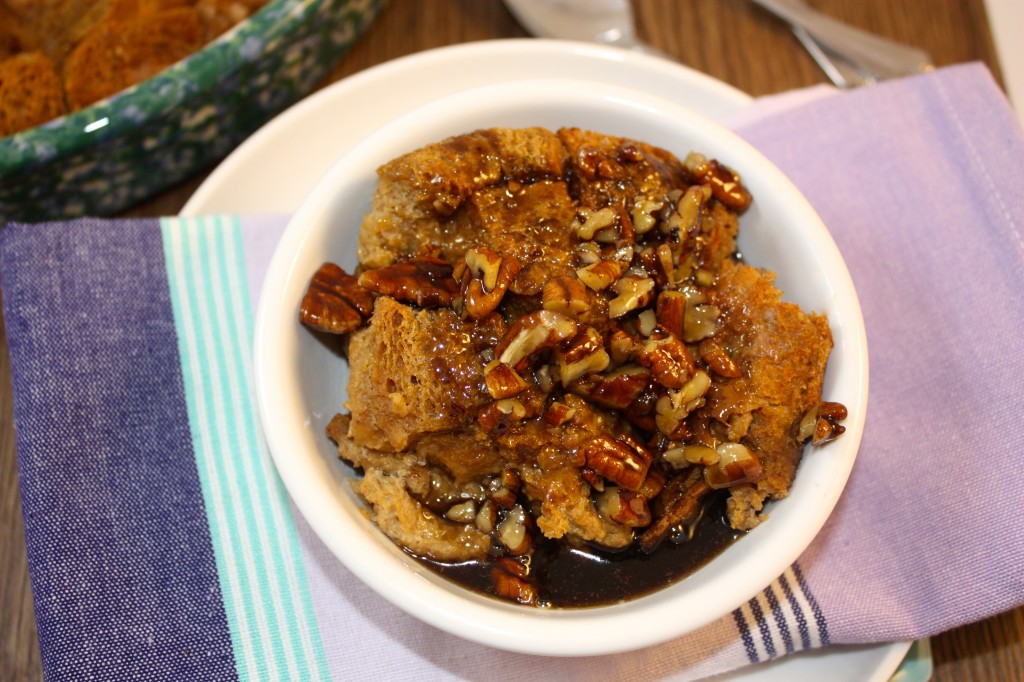 Bourbon Molasses Bread Pudding with Boozy Pecan Sauce - The Foodie Affair