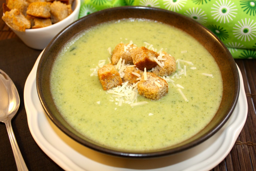 This broccoli cheese soup recipe quick to make and served in a brown bowl
