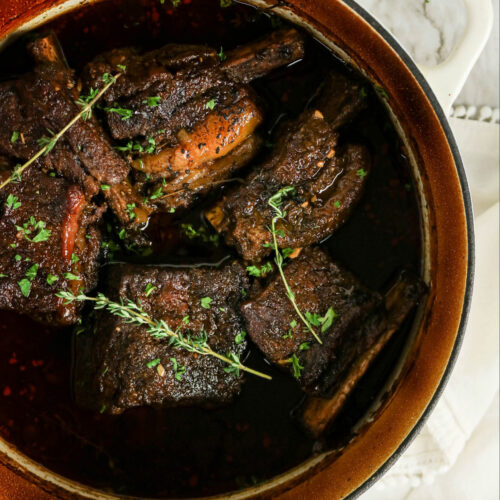 Short ribs baked in a Dutch oven.