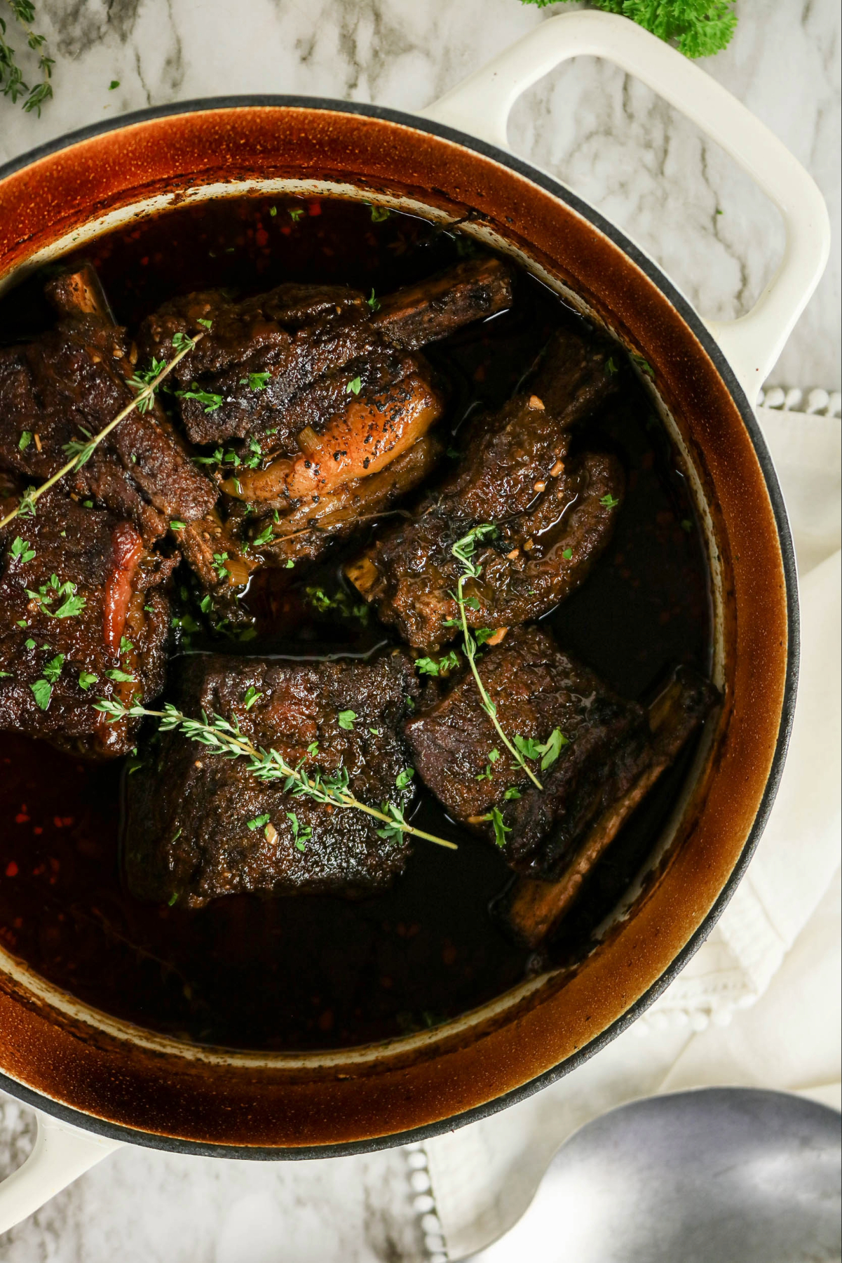 Short ribs baked in a Dutch oven.