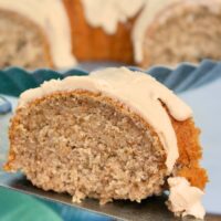 A slice of spice bundt cake on a serving spatula.