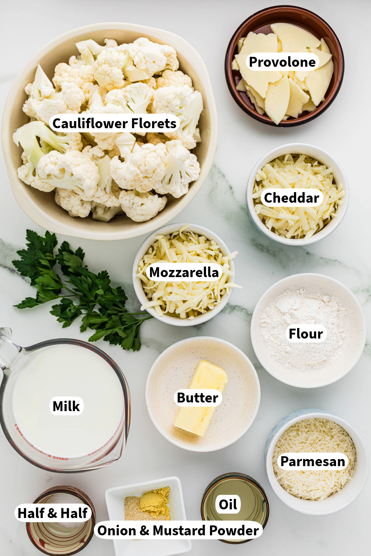 Top view of ingredients needed to make to cauliflower casserole.