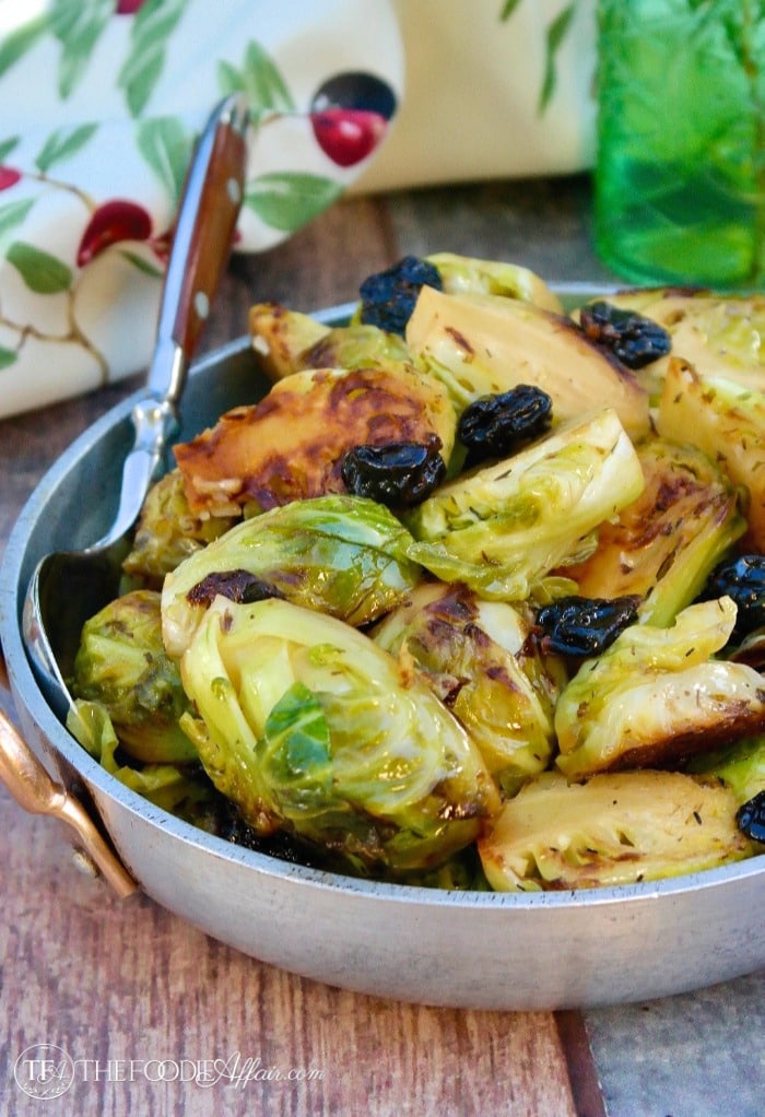 Maple glazed brussels sprouts topped with dried cherries