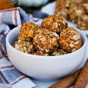 No-bake pumpkin protein bites in a small serving bowl.