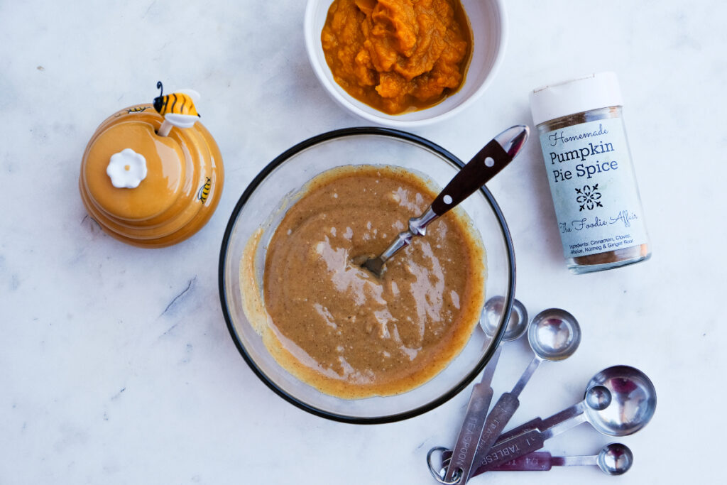 Honey and peanut butter in a small mixing bowl. 