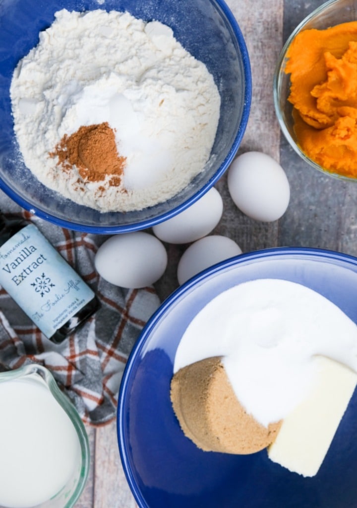 Ingredients to make a bundt pound cake with pumpkin puree. 