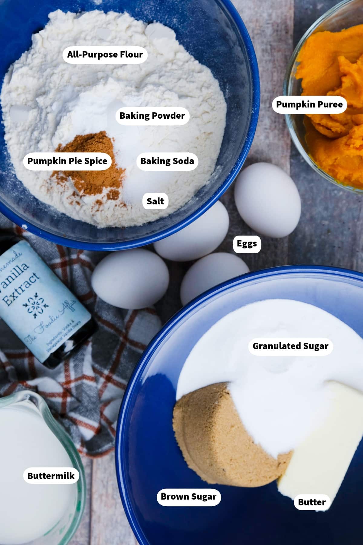 Ingredients for pumpkin spice bundt cake.