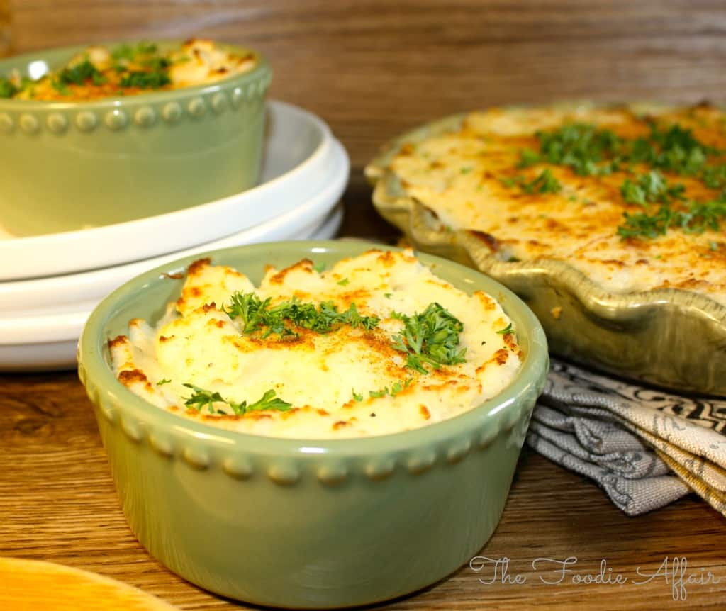 Shepherd's Pie in small green ramekin dishes.