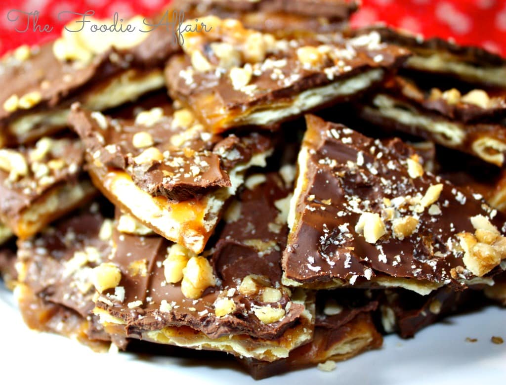 Plate full of saltine cracker bark aka butter brittle cookies