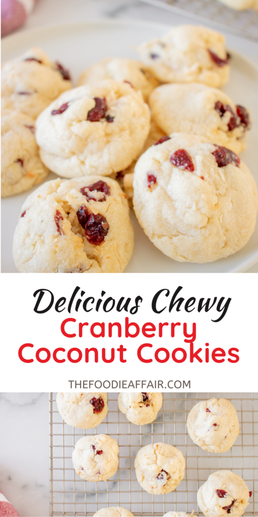 Soft and chewy cranberry coconut cookies! This cookie is similar to a sugar cookie, but the extra goodies take it up a level. Tang from the cranberries bring out the flavor of the coconut. #baking #cookies #cookieexchange