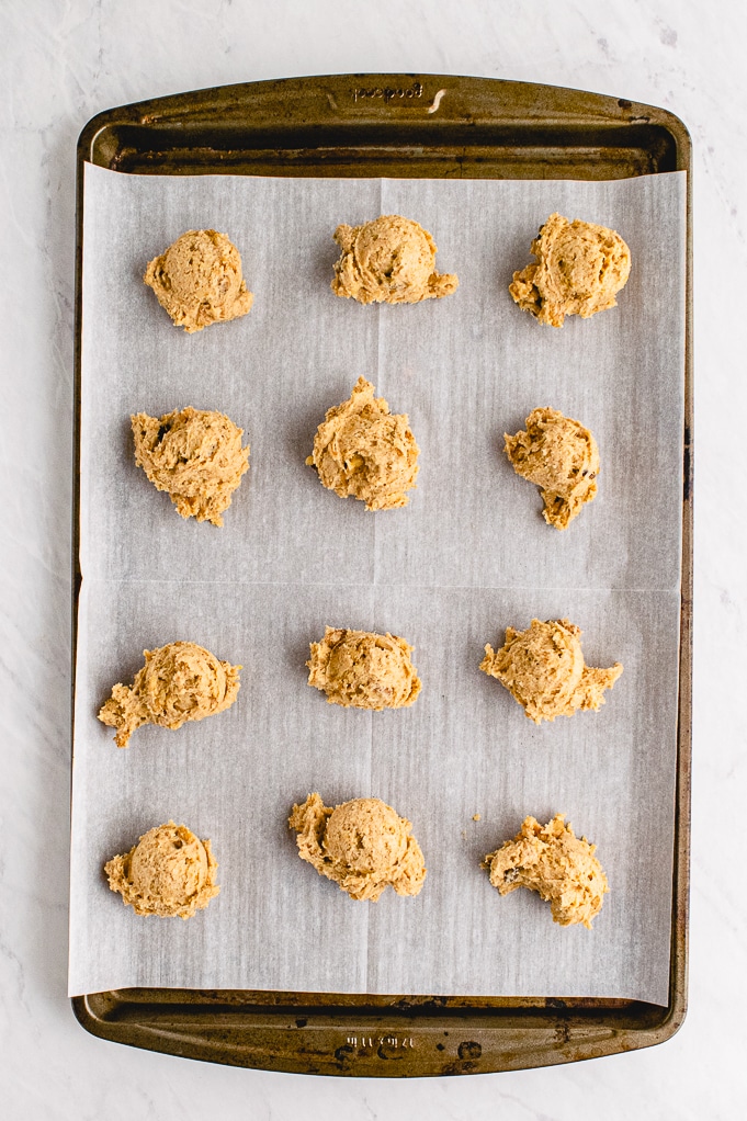 Cookie dough on baking sheet ready to bake.