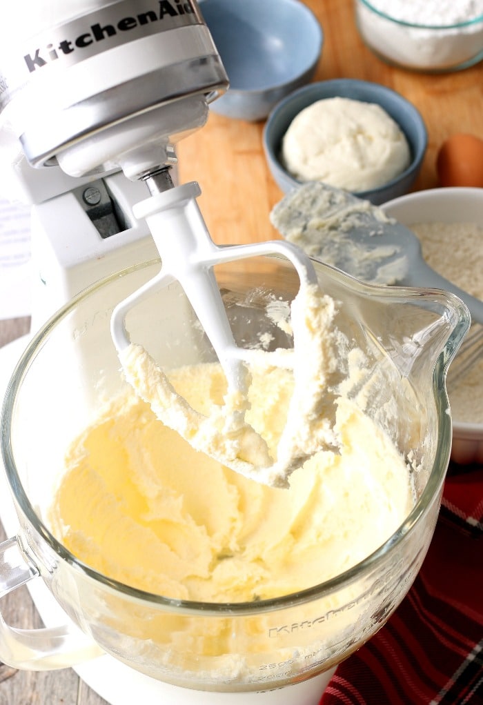 Another view into the stand mixer as we blend together all the ricotta cookies recipe ingredients