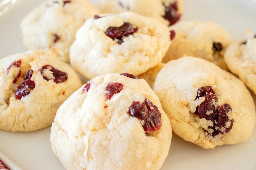 Cose up view of cranberry coconut cookies.